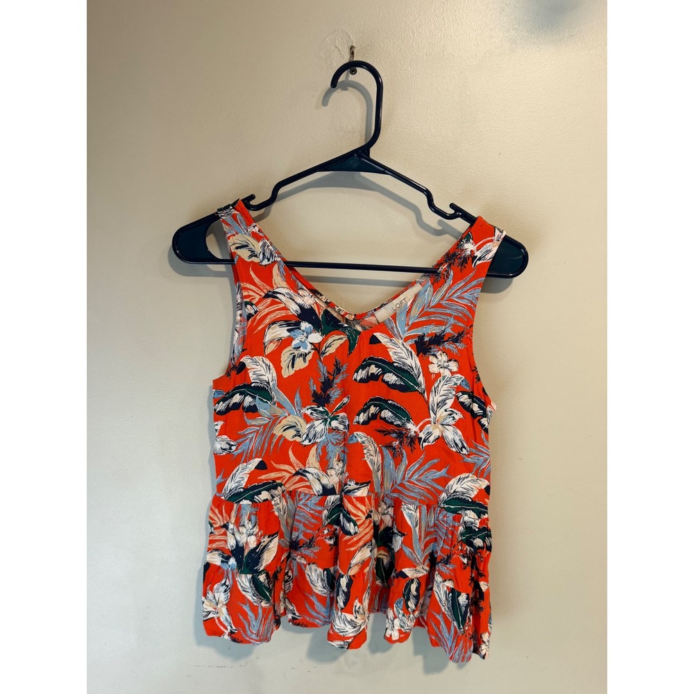 Loft Petites XXSP Orange Tropical Floral Peplum Sleeveless V-Neck Tank Top